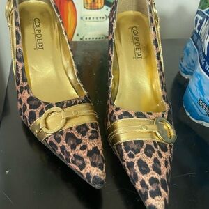 Leopard Print Pointed Toe Pumps with Gold Accent